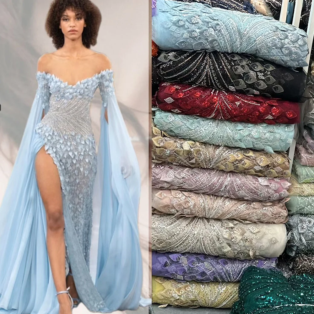 

African beaded floral lace fabric French Nigerian sequined embroidery beaded tulle mesh lace fabric wedding party dress sewing