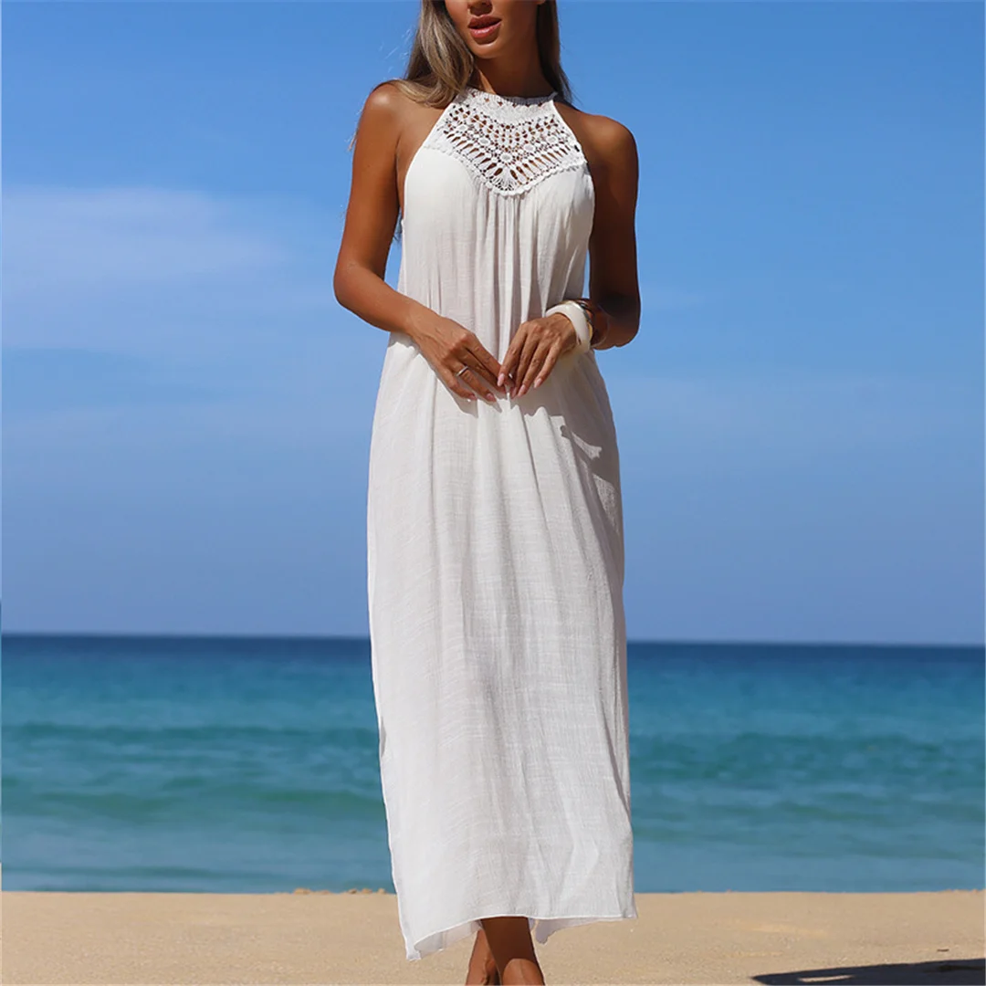 Einfarbige, ausgeschnittene, ärmellose, gehäkelte, gestrickte Tunika, Strand-Überwurf, Strandkleid, Strandbekleidung, Damenbekleidung, V7642 – Detail 3