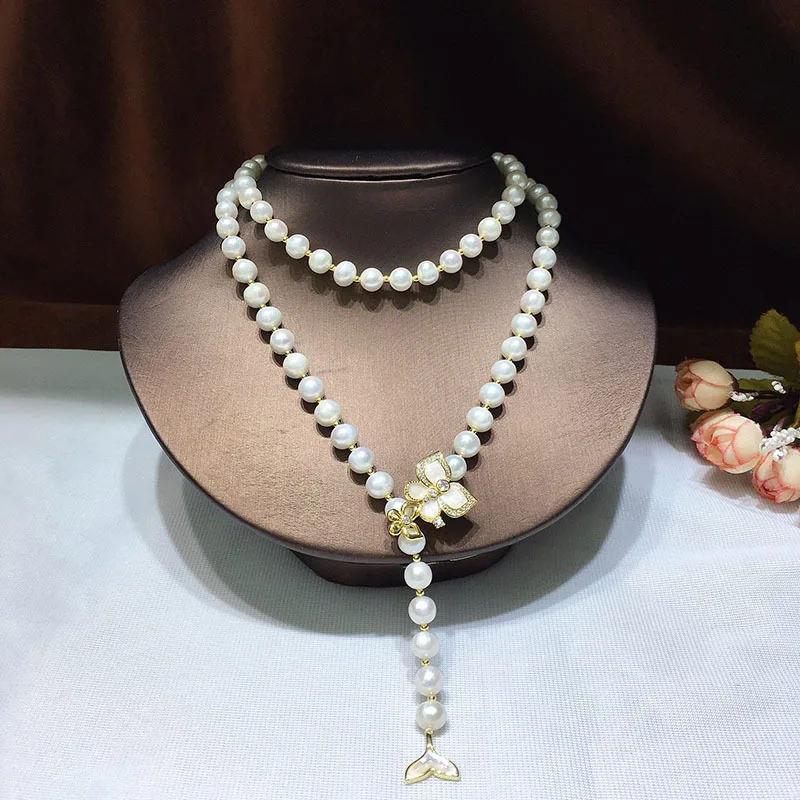 057 Fish Tail Style Freshwater Pearl Sweater Chain, Multi-Wear, 7-8 Strong Light, Near Round, Minor Flaws, Adjustable, Versatile