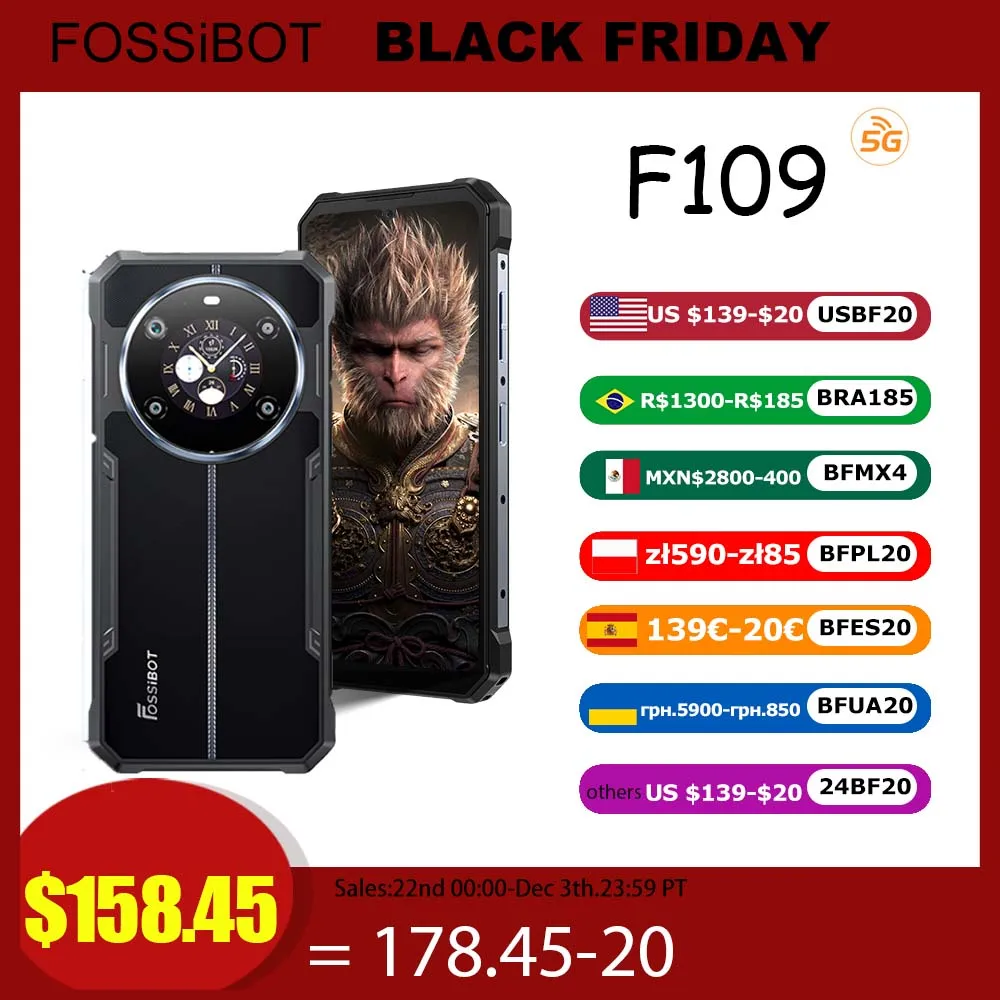 Fossibot F109 5G Rugged Phone 10600mAH Battery 6.75 Inch Display Cell Phone 8GB RAM+256GB ROM Android 14 NFC Mobile Phone