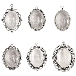 6pcs 6 Shapes Tibetan Pendant Trays Bezel Settings Trays and 6pcs 40x30mm Glass Cabochons Clear Dome for DIY Jewelry Making