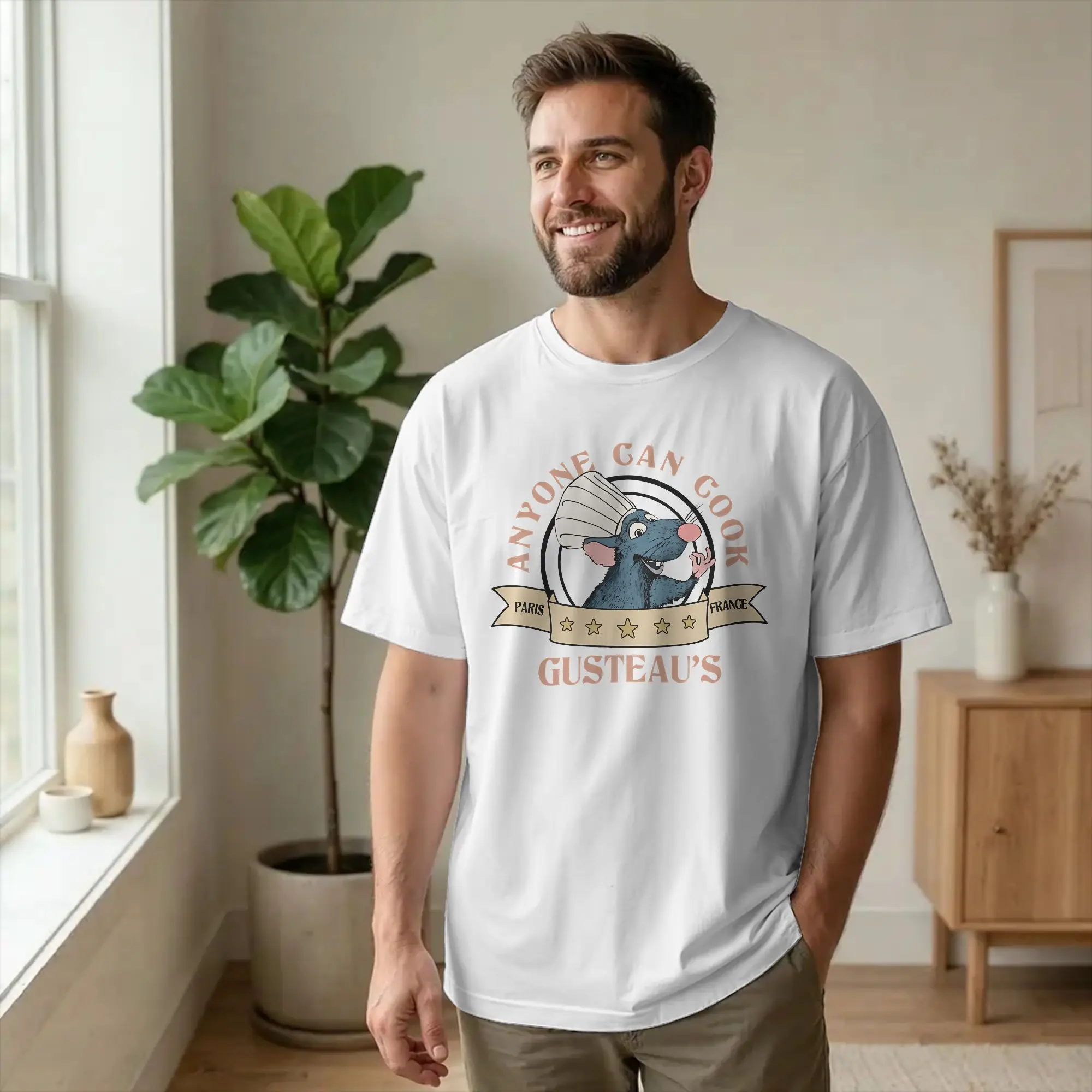 Casual Gusteau's Anyone Can Cook Remy  T-Shirt Men Cotton Short Sleeve Ratatouilles O-neck Summer Tops