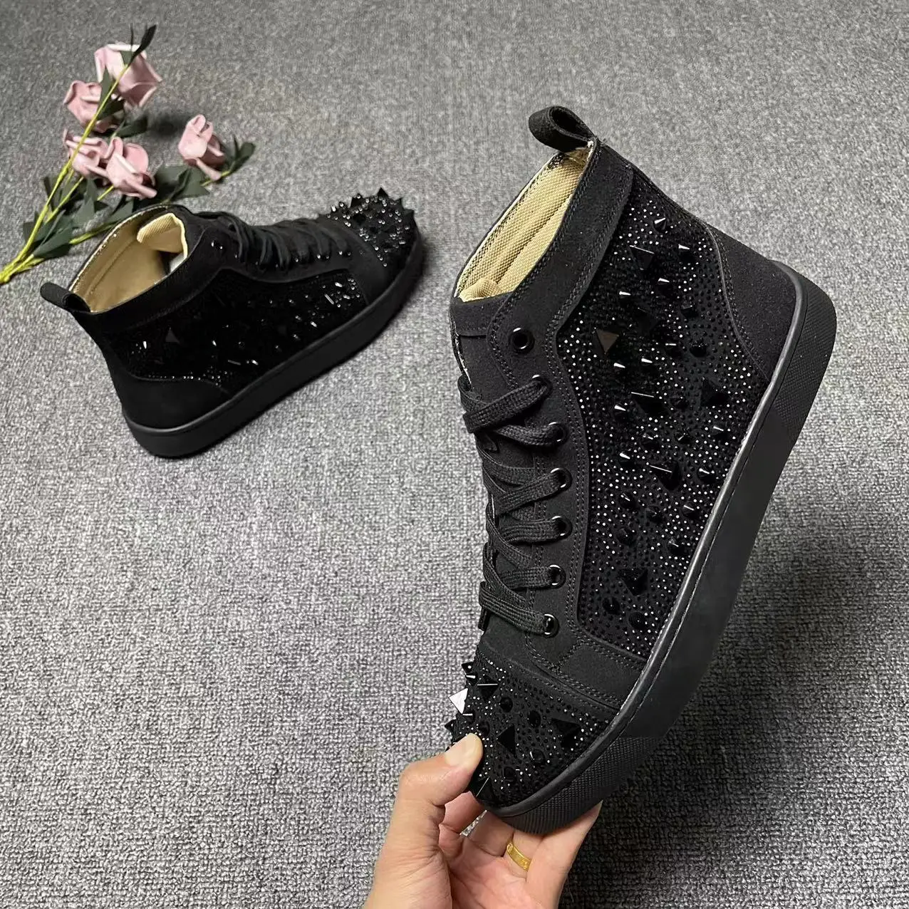 mens casual original leather boots lace-up flats rivets shoes singer stage DJ dress studded sneakers designer spikes ankle botas