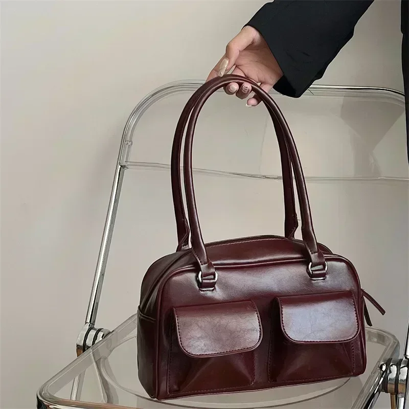 

Vintage Women Business Shoulder Bags Simple Ladies Commute Tote Bag Pu Leather Female Underarm Bag Burgundy Large Handbags Purse