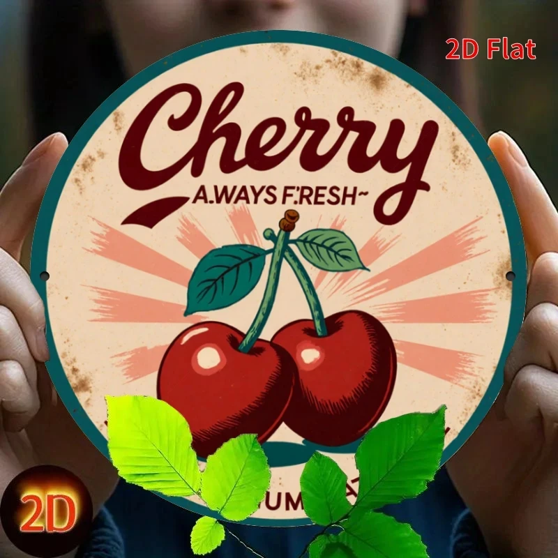 Hd Tin Sign, Vintage Timeless Fresh Cherry Round Metal Wall Art, Retro Fruit Kitchen Decoration