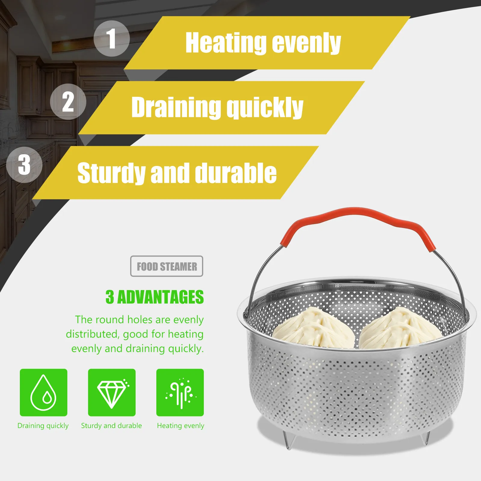 Cesta para cocinar al vapor de alta resistencia con asa, diseño de malla fina, calentamiento rápido y uniforme para arroz, fideos, sopa, avena, inserto para olla.