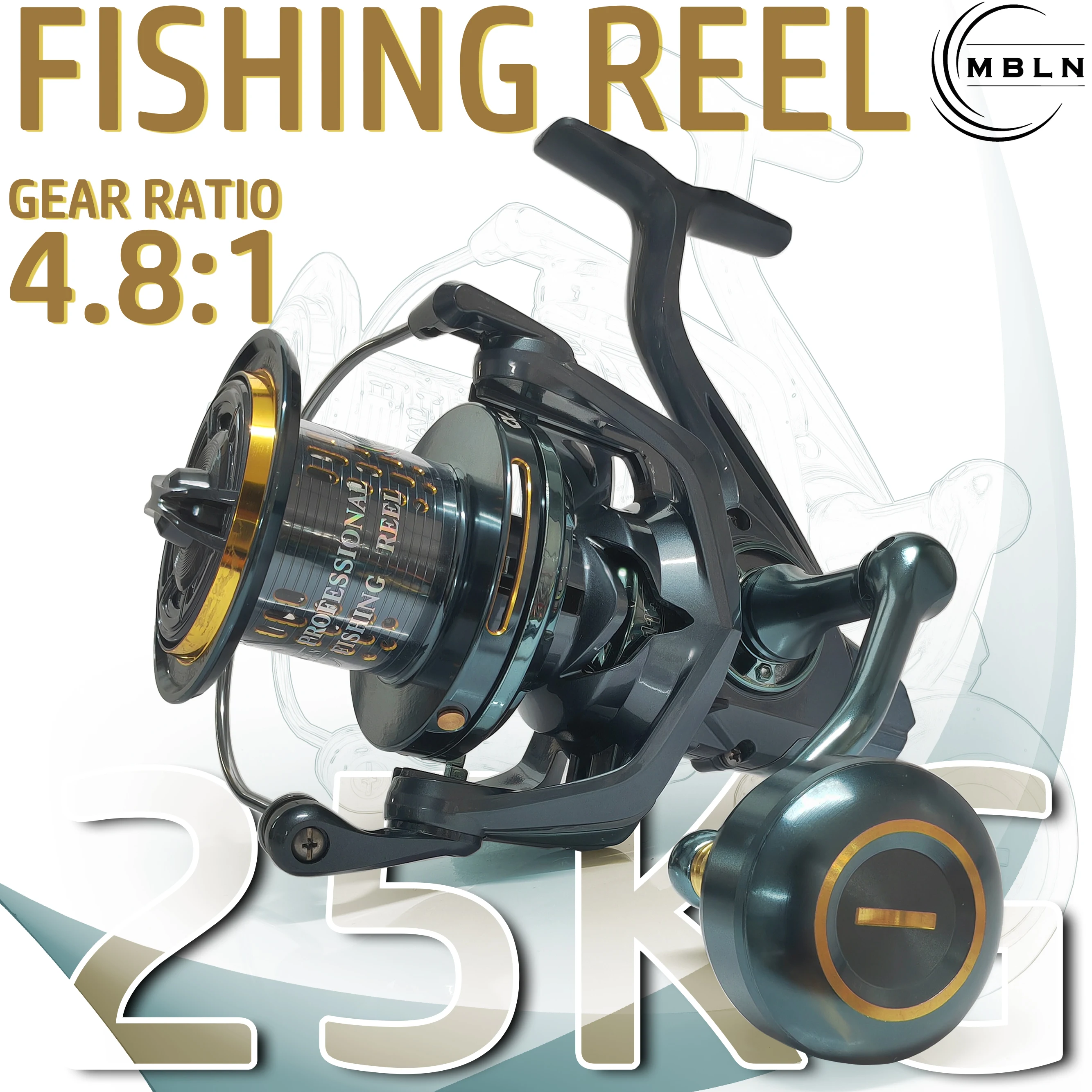 MBLN New Ocean Fishing Casting Reel, 14000-Serie, große Größe, Nullspannung, Metallrolle, Geschwindigkeitsverhältnis 4,8:1.