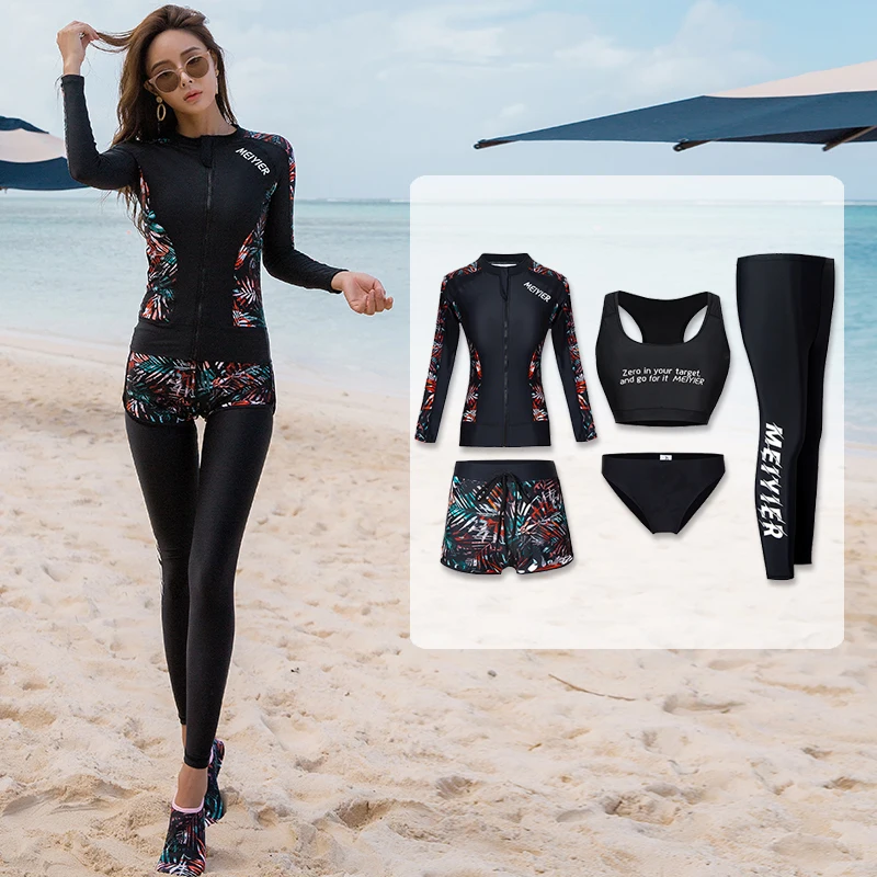 5 Pieces Korean Style Rash Guard Swimwear For Women Surfing Bikini+Shirt+Pants Long Sleeve UV Rashguard Front Zipper Swimsuit