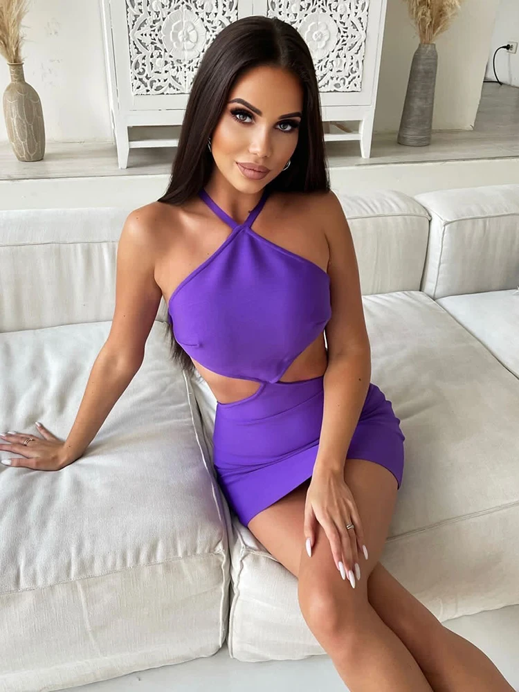 Frau Party Club Sexy Bogen Backless Design Cut Out Ärmellose Hot Pink Halter Tragen Cocktail Bandage Mini Kleid Vestidos