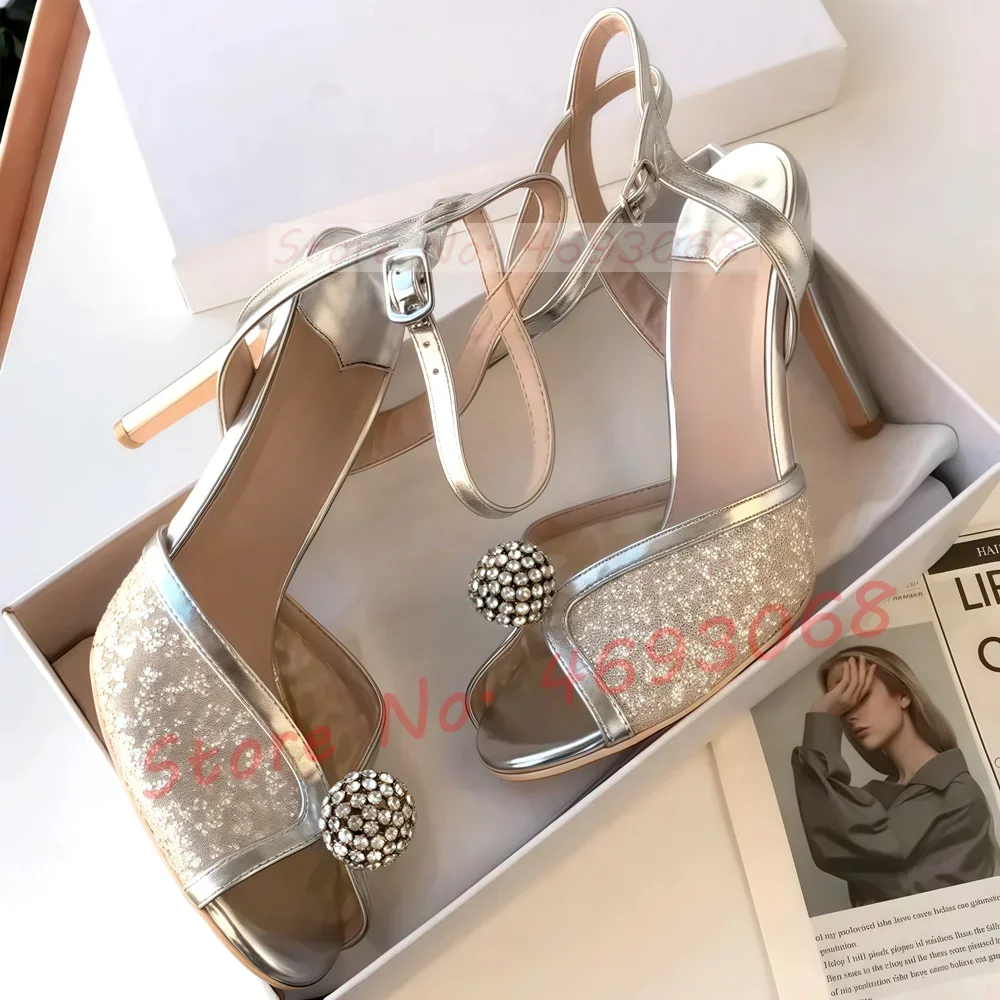 

Silver Rhinestone Ball Mesh Sandals Women Luxury Bling Peep Toe Wedding Sandals Ladies Summer Stiletto Ankle Strap Metallic Shoe