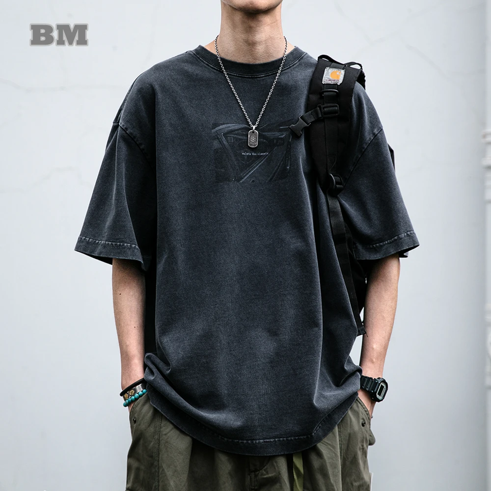 

Heavyweight Cotton T-Shirt Men Summer Short Sleeve Distressed Washed American High Street Fashion Korean Style Premium Top Male
