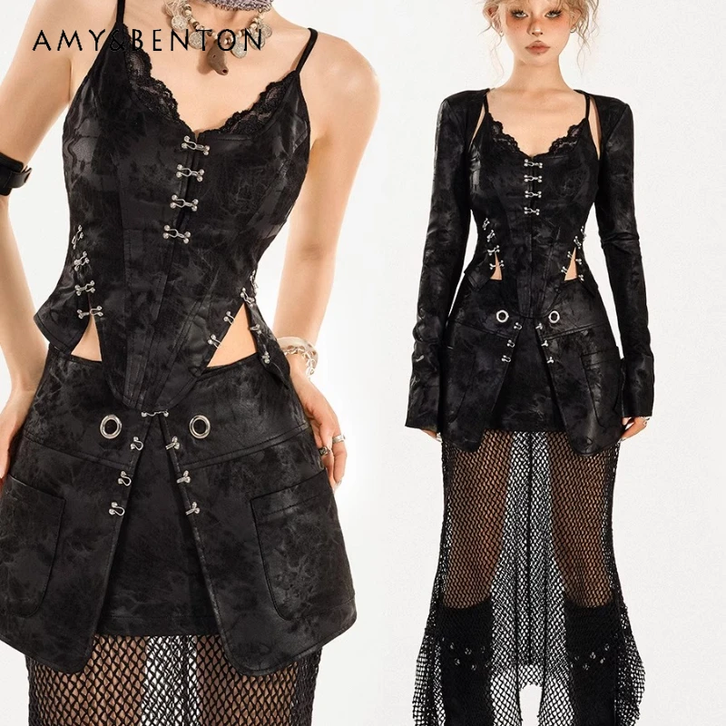 Original Gothic Design Halloween Costume 2025 Autumn New Sweet Cool Mesh Hollow Street Sexy Hot Girl Short Skirts Sets Ladies