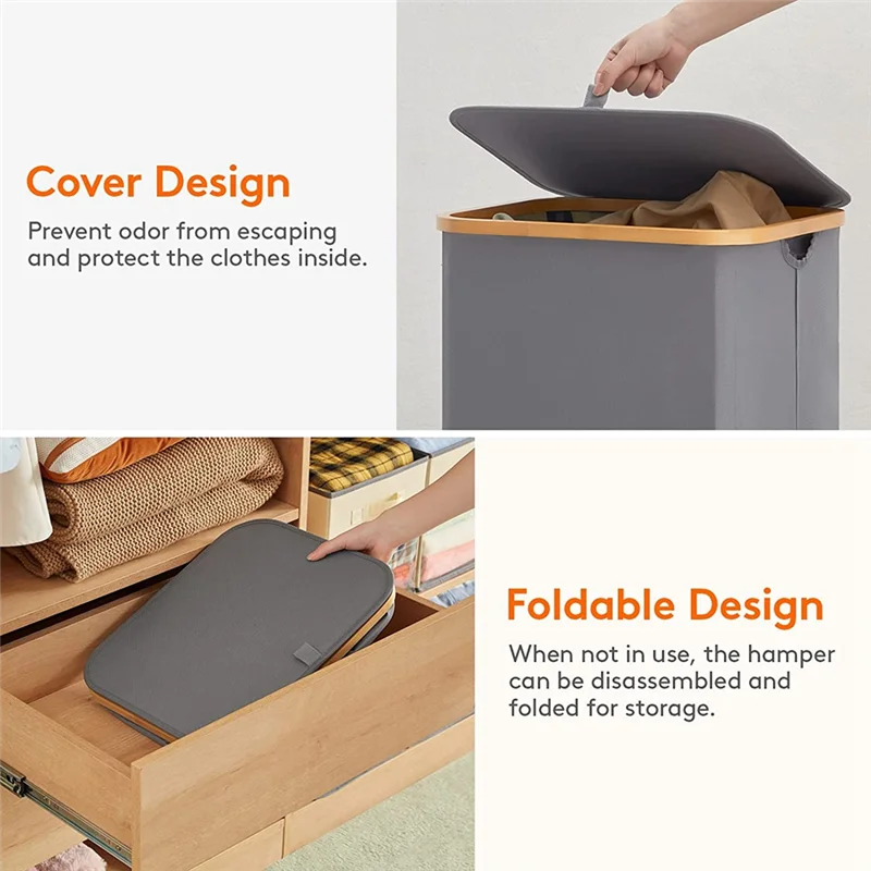 

100L Laundry Basket With Lid, Large Foldable Laundry Hamper With Bamboo Handles And A Removable Laundry Bag-AC08