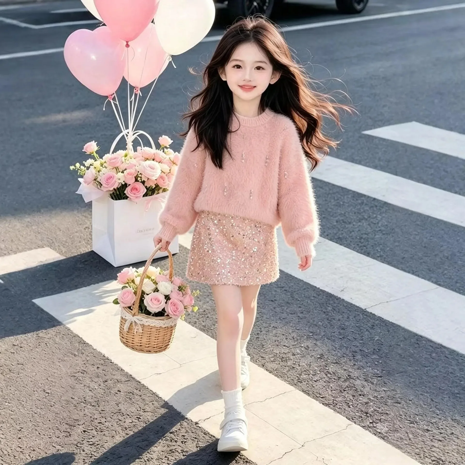Girls Sweater Sets  Princess Cute Soft Plush Pure Color Knit and Pearl Glitter Shine Skirt Sets