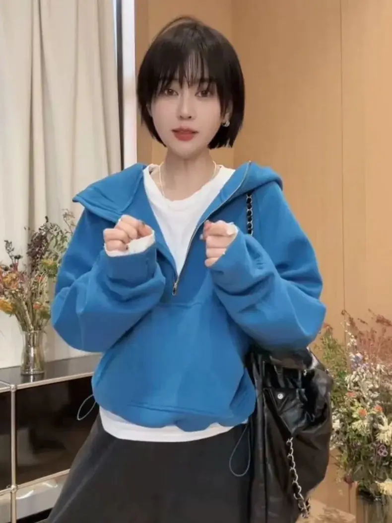 Ins Half Zipper Hooded Hoodie Jacket Women's New Casual Loose Fat MM Slimming Top