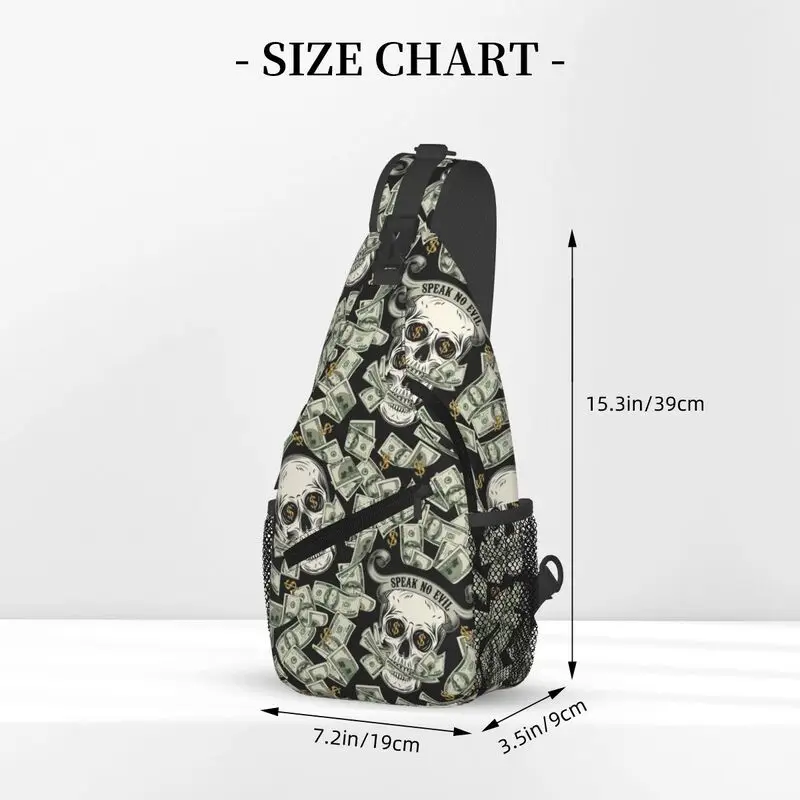 Mochila de hombro con patrón de calavera de dólar personalizado para hombre, bandolera de pecho, informal, para senderismo