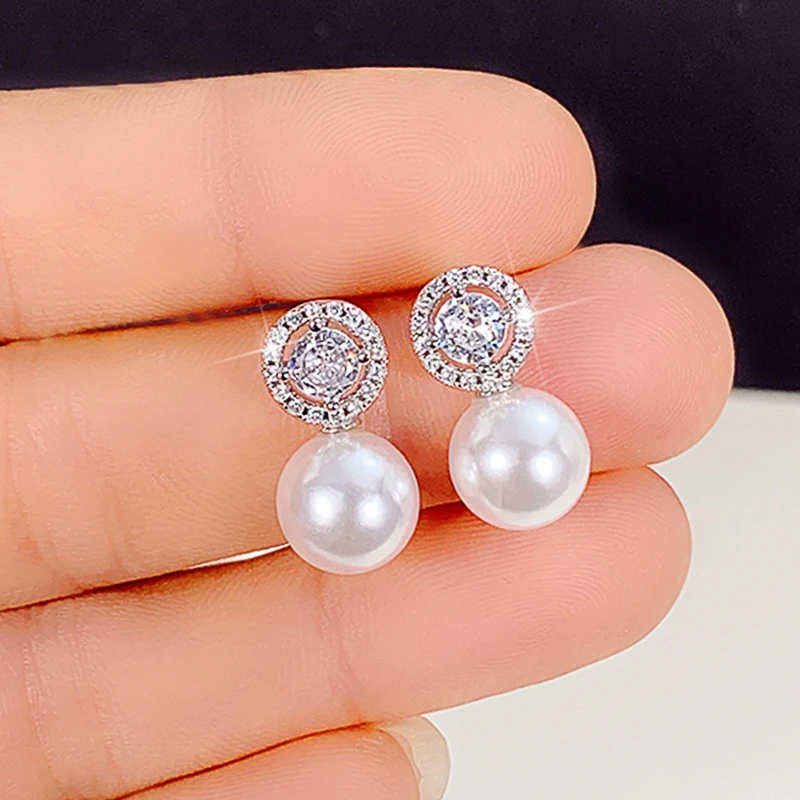 Fashion Women 925 Sterling Silver Ear Jewelry Side Water Drop Models Pearl Ball Earrings Inlaid Zircon Stud Earring for Wedding