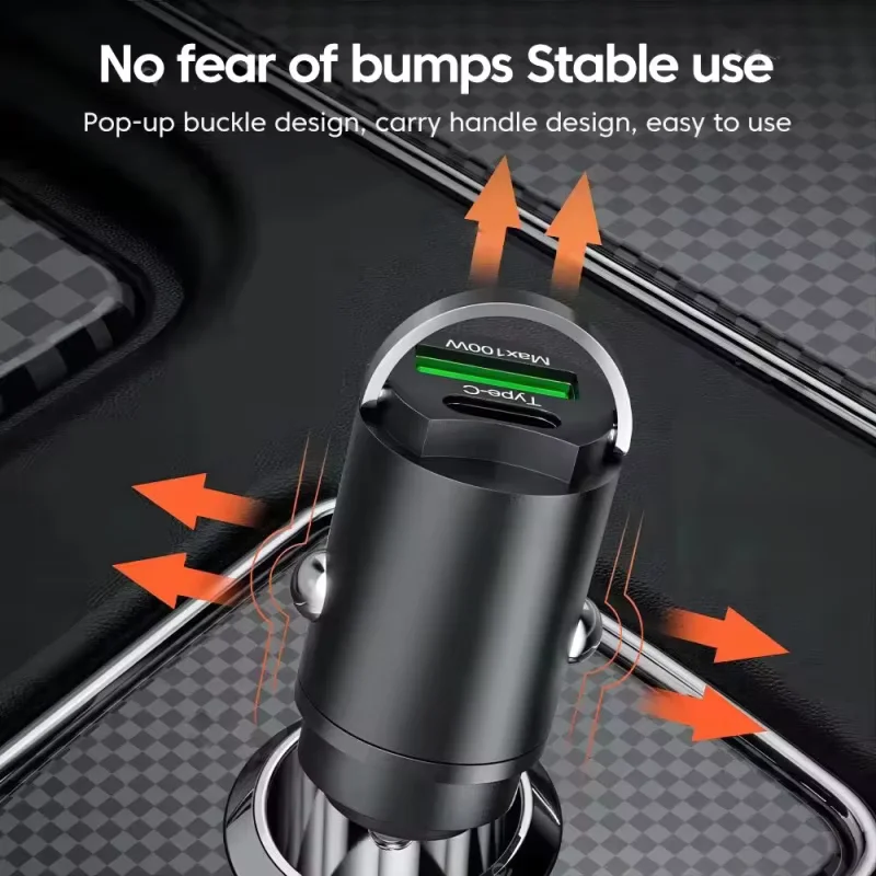 Mini Pull Ring Car Charger 100W Dual Port USB A QC Fast Charging Flush Fit Adapter Intelligent Circuit Protection Vehicle Use
