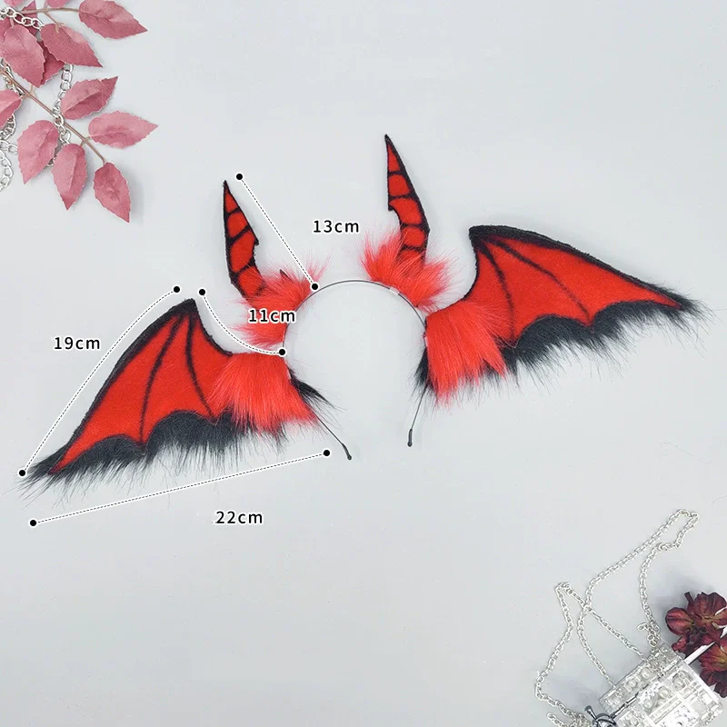 Handmade Red Furry Devil Bat Headband Halloween Animal Ears Furry Headwear Subculture Girl Night Party Hell CoolCosplay Props