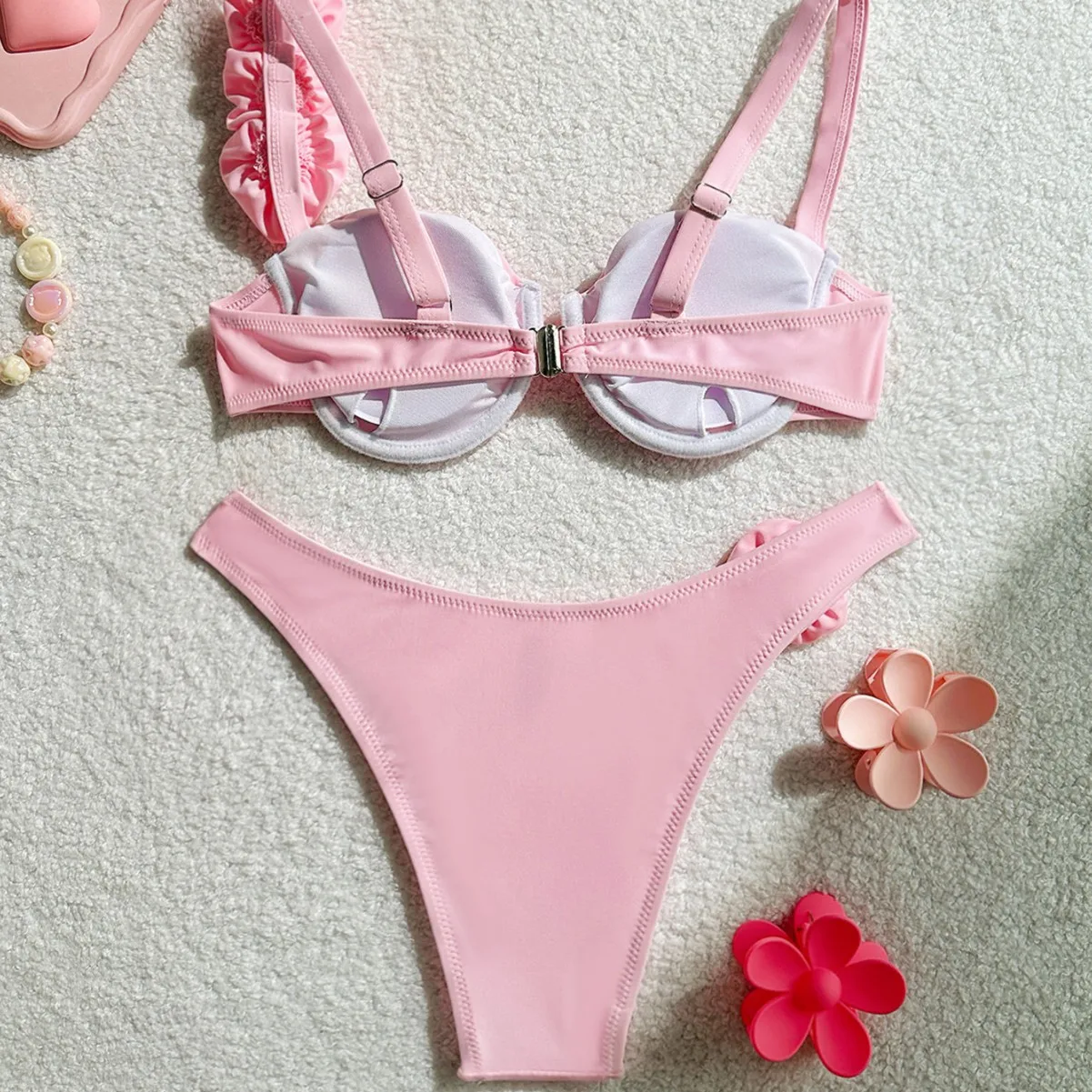 New European and American Sexy Solid Color Flowers Steel Support Gathering Women's Ins Bikini