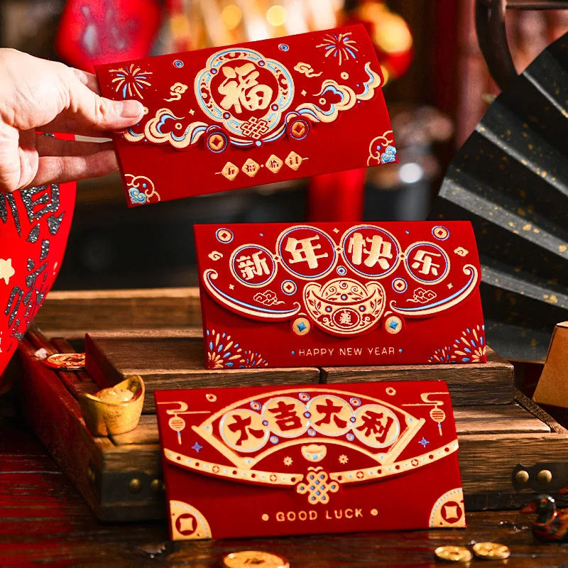 

2/4/6pcs Flocking Chinese New Year Red Envelopes Traditional Hongbao Lucky Money Bag Blessing 2025 Snake Year Red Pocket