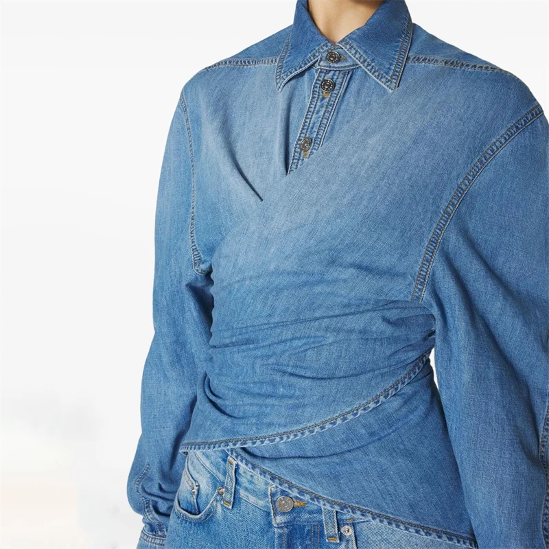 Veste en jean à revers et cravate croisée pour femme, haut en denim à simple boutonnage, y2k, de haute qualité, à la mode et élégante, en pur coton lavé, nouvelle collection automne