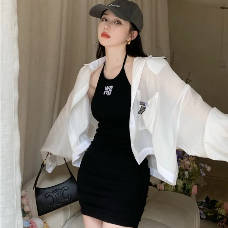 

Women's Collar Short Length Sun Protection Shirt Jacket Two Piece Set Sensual Neck Hanging Beautiful Back under Skirt