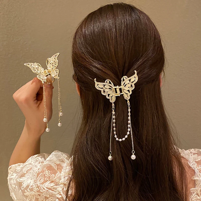 Rhinestone Butterfly Hair Claw Pearl Tassel Crab Clip Metal Bow Tie Hairpin Women Shark Claw Clip Girl Barrette Hair Accessories