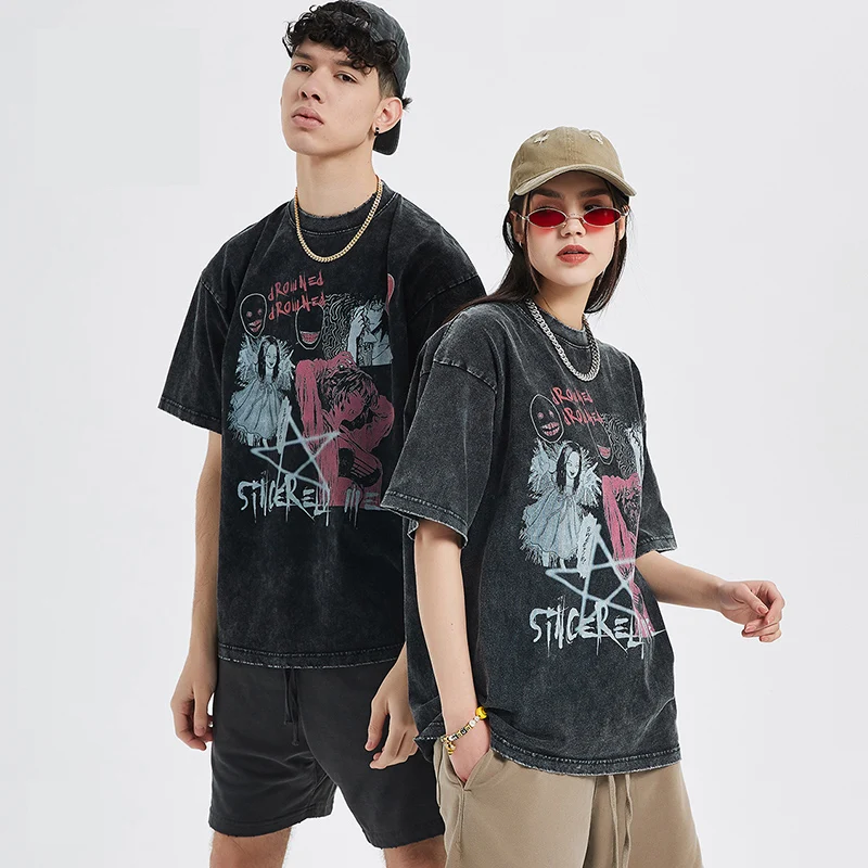 2022 Men Hip Hop Streetwear Oversize T Shirt Women Thriller Comic Graphics T-Shirt Summer Washed Old FuJiang Anime Top Tees