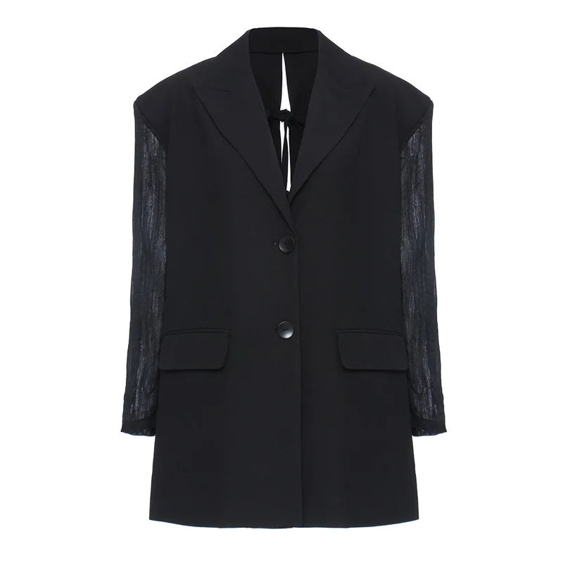 Blazer en coton surdimensionné à manches plissées pour femmes, magnifique blazer dos nu à deux boutons, à lacets gracieux, revers Patricia, nouveau, en stock