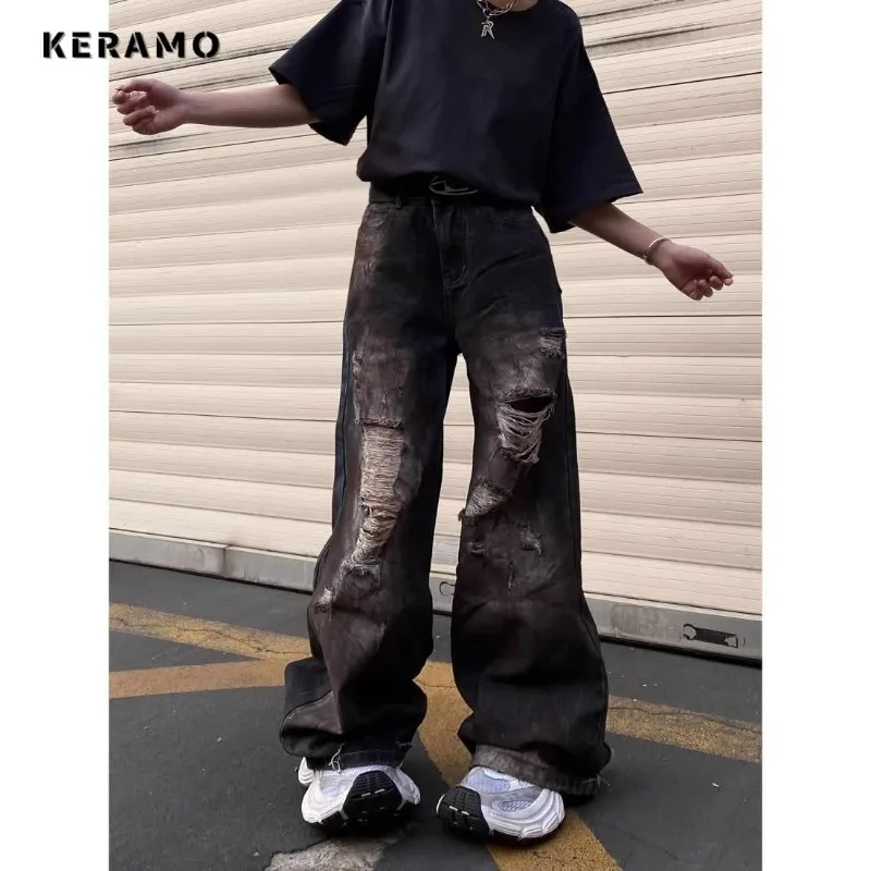 ミニマリストヴィンテージリッピング原宿ルーズフィットジーンズ女性の Y2K ダメージエモワイドレッグトラッシーパンツだぶだぶのパンク Kpop デニムズボン