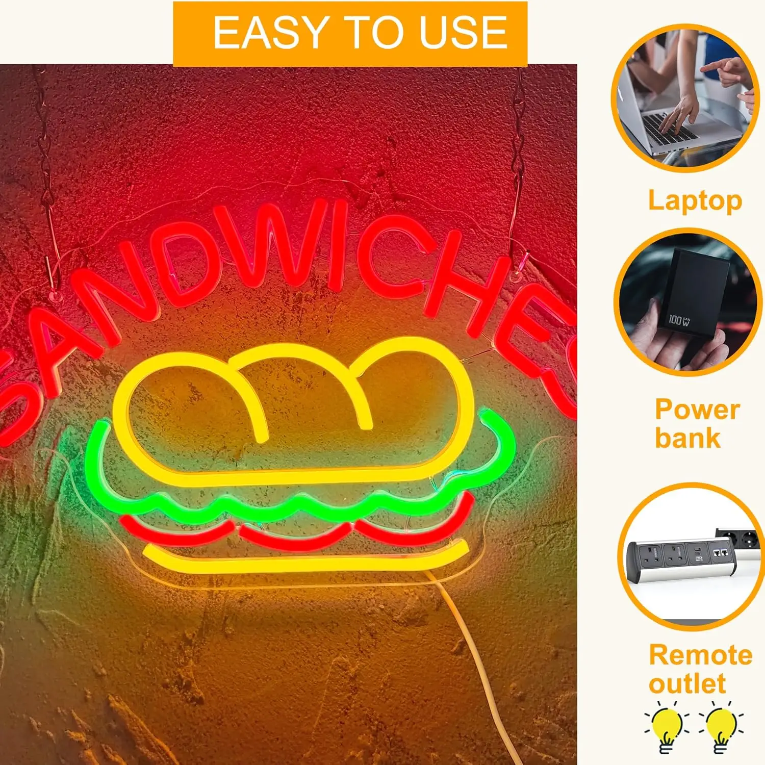 Sandwich Neon Signs LED Neon Light Sign Light Up Neon Signs Wall Decor for Kitchen Restaurant Fast Food Man Cave Party Decor