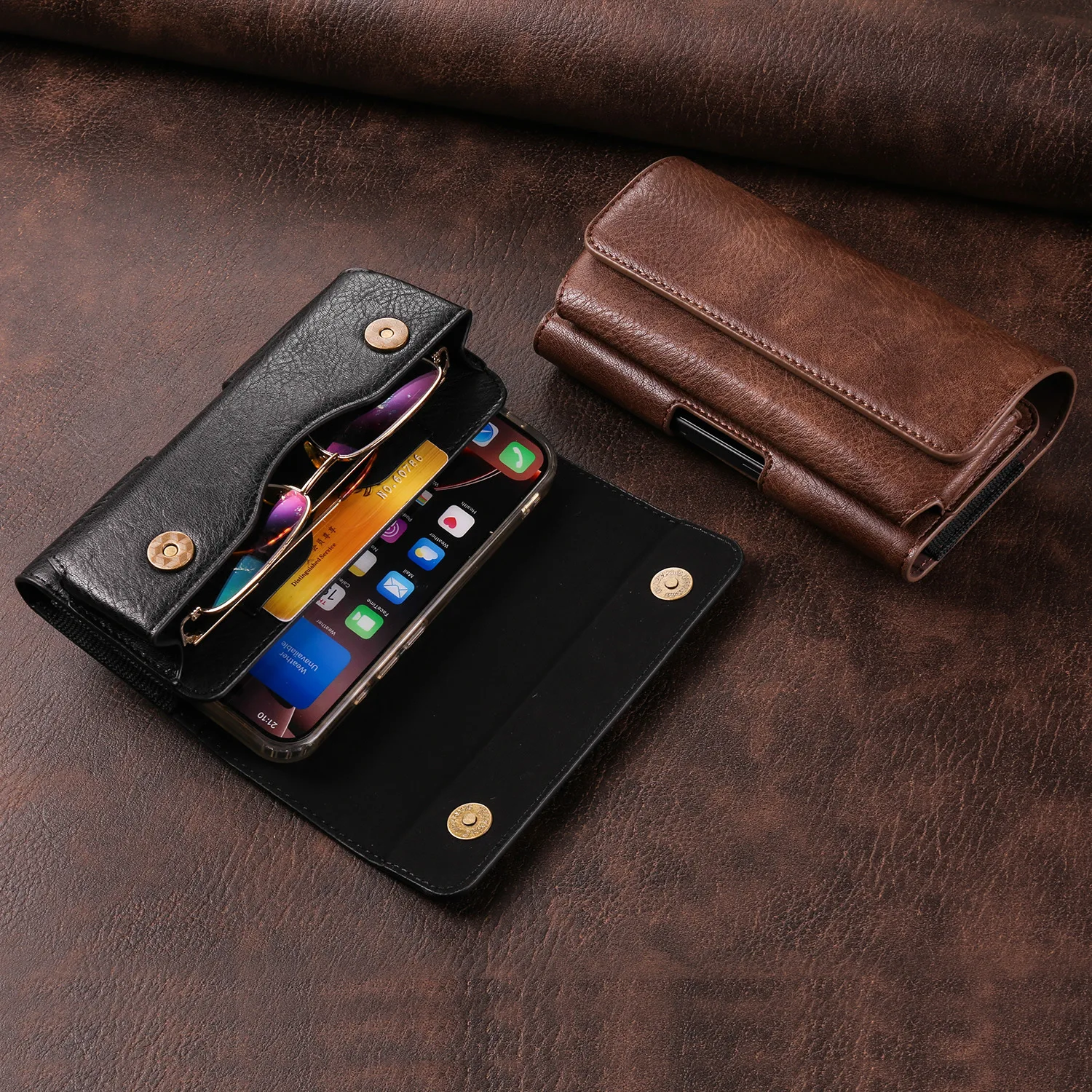 

PU leather mobile phone waist bag with belt, multi-functional double-layer flip cover horizontal magnetic waist bag