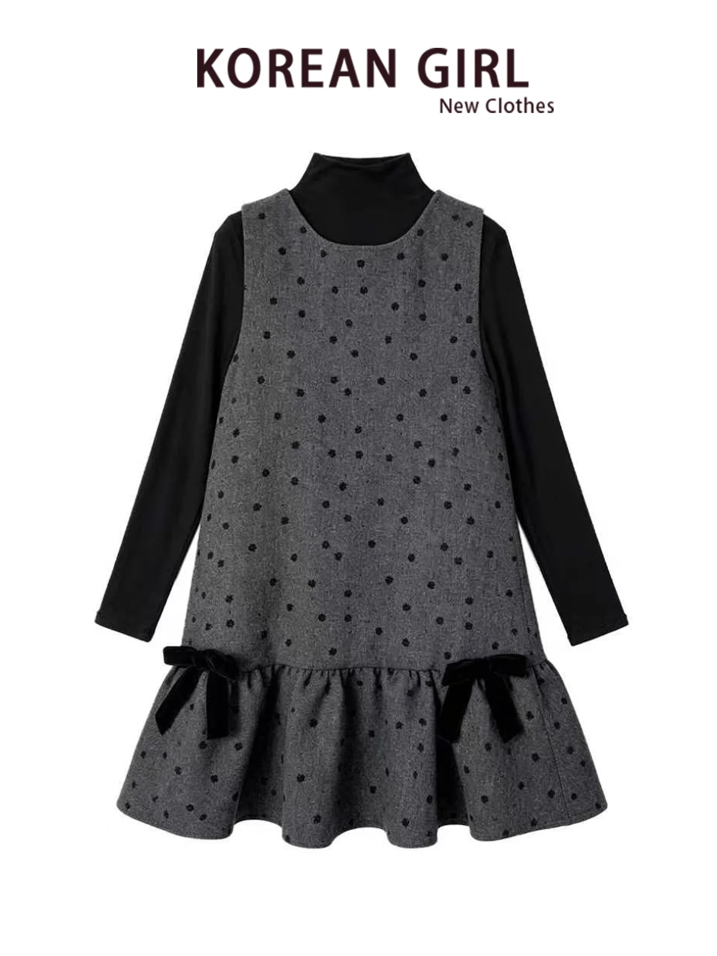 Gray Velvet Print Knot Vest Dress Women's Slim Fit Long Sleeve T-Shirt Outerwear Layering Dress Set Casual Style