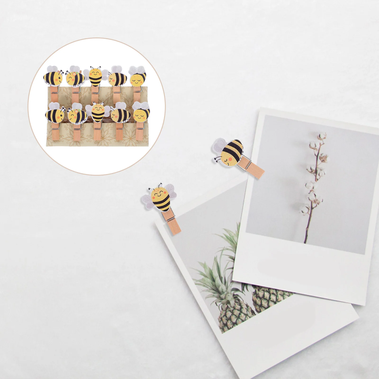 

50Pcs Bee Wooden Mini Clothespins with Jute String for Photos Party Crafts Snack Bag Clips Cute Bee Decorations