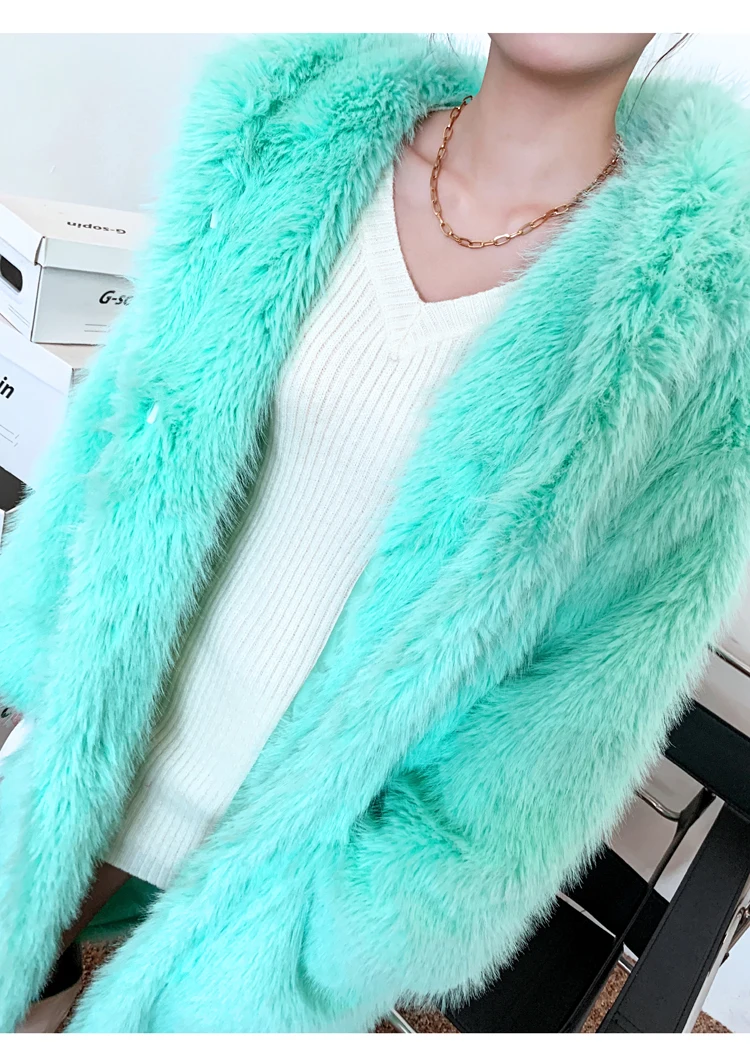 Female Mint Green Faux Fur Coat Long Loose Cute Bunny Ears Hooded Lady Shaggy Outerwear Women\'s Winter Coats Promotion