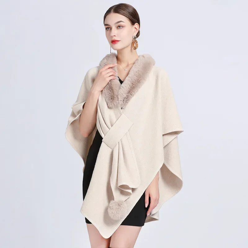 

Autumn Winter New Imitation Otter Rabbit Fur Collar Cape Large Knitted Cardigan Coat Ponchos Women Capes Beige Cloak