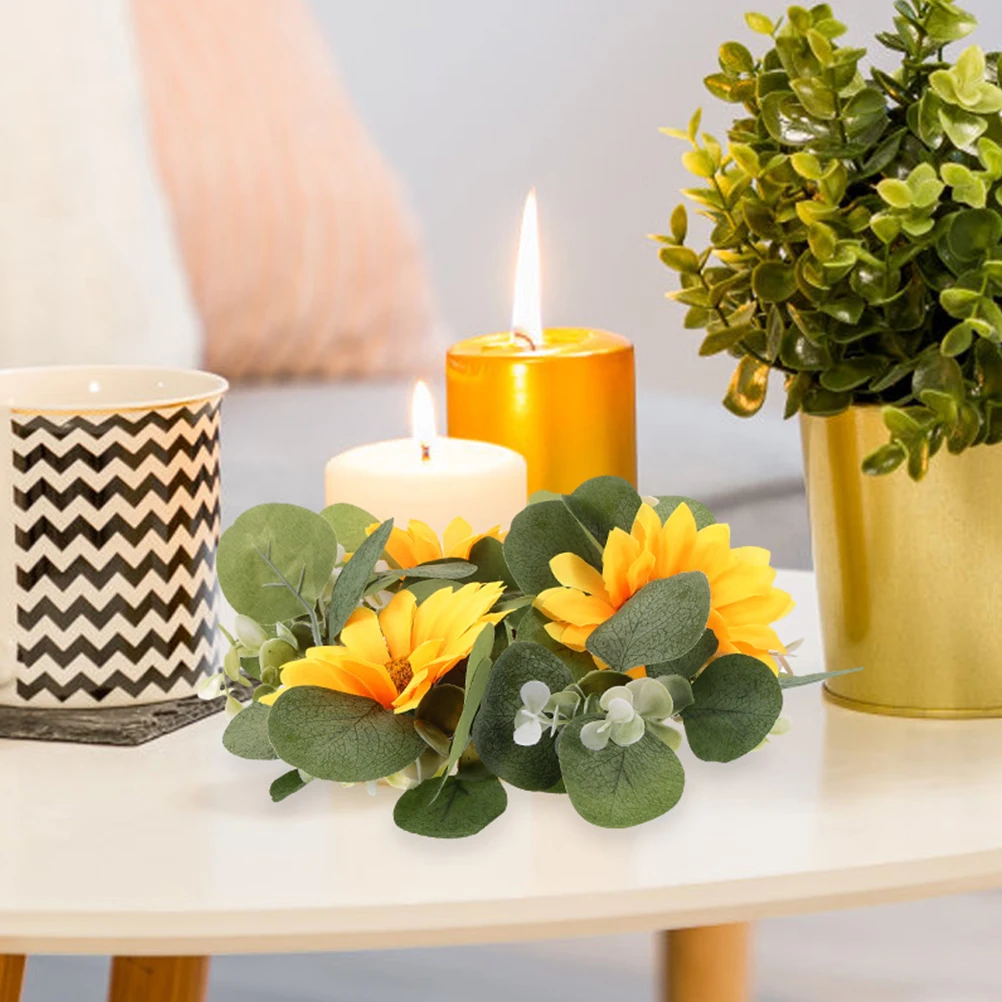 

2pcs Spring Summer Artificial Eucalyptus Sunflower Ring Farmhouse Greenery Decor Realistic Floral Rings Wedding Table