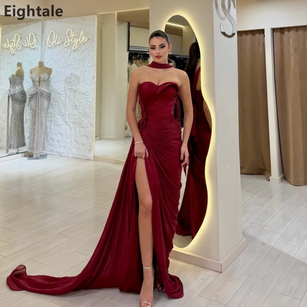

Eightale 2025 Burgundy Mermaid Silk Maxi Evening Dress With Wrap Formal Prom Dress Dubai Wedding Party Gown Customized