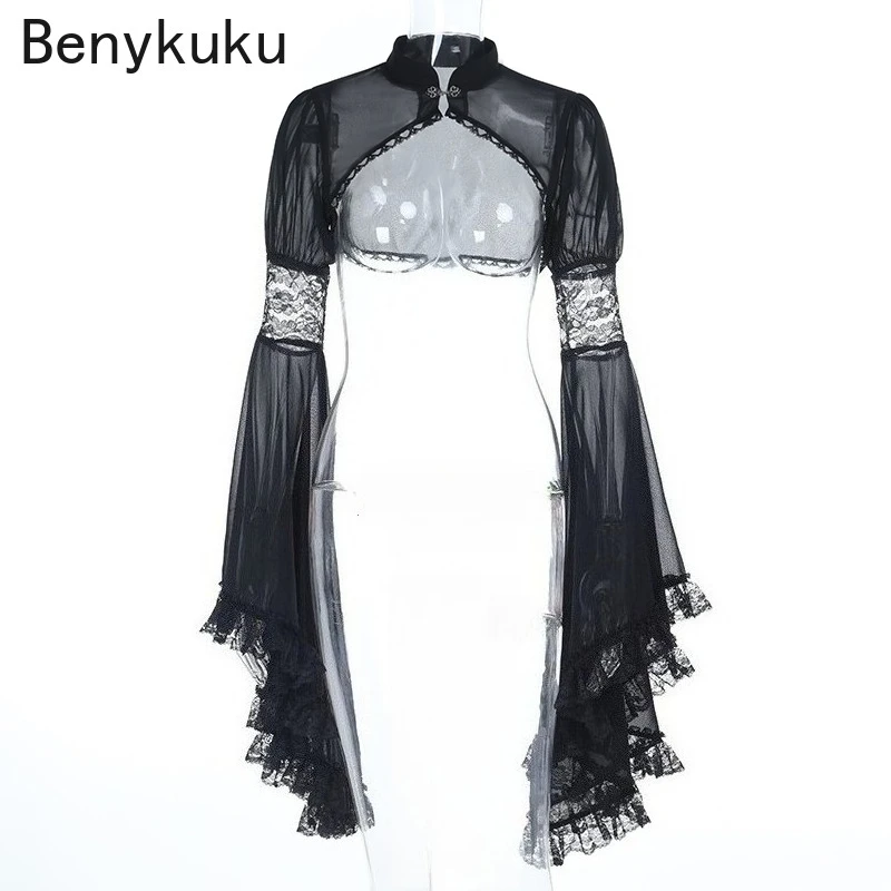 

Винтажный кружевной укороченный топ с расклешенными рукавами в стиле пэчворк, готический халат, женский темный эстетический Fairycore, гранж-ведьма, блузка в стиле гот-панк