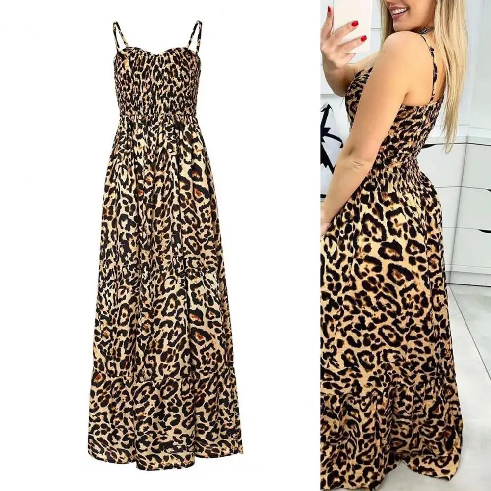 Vestido largo estampado con estampado de leopardo para mujer, de corte bajo maxivestido de tirantes con cuello en V, diseño sin espalda, ajuste ajustado, cintura alta, vacaciones