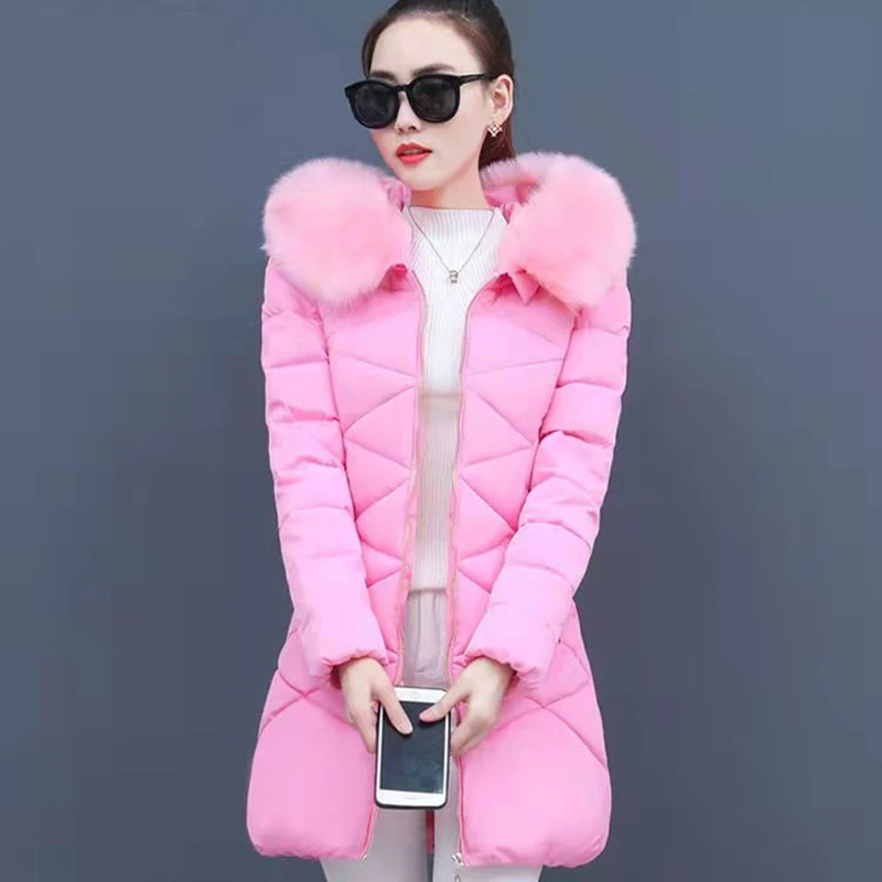 

2022 New Winter Parka Jacket Female Mid-Length Fur Collar Slim Thicke Down Padded Jacket Women Fashion Loose Hooded Overcoat