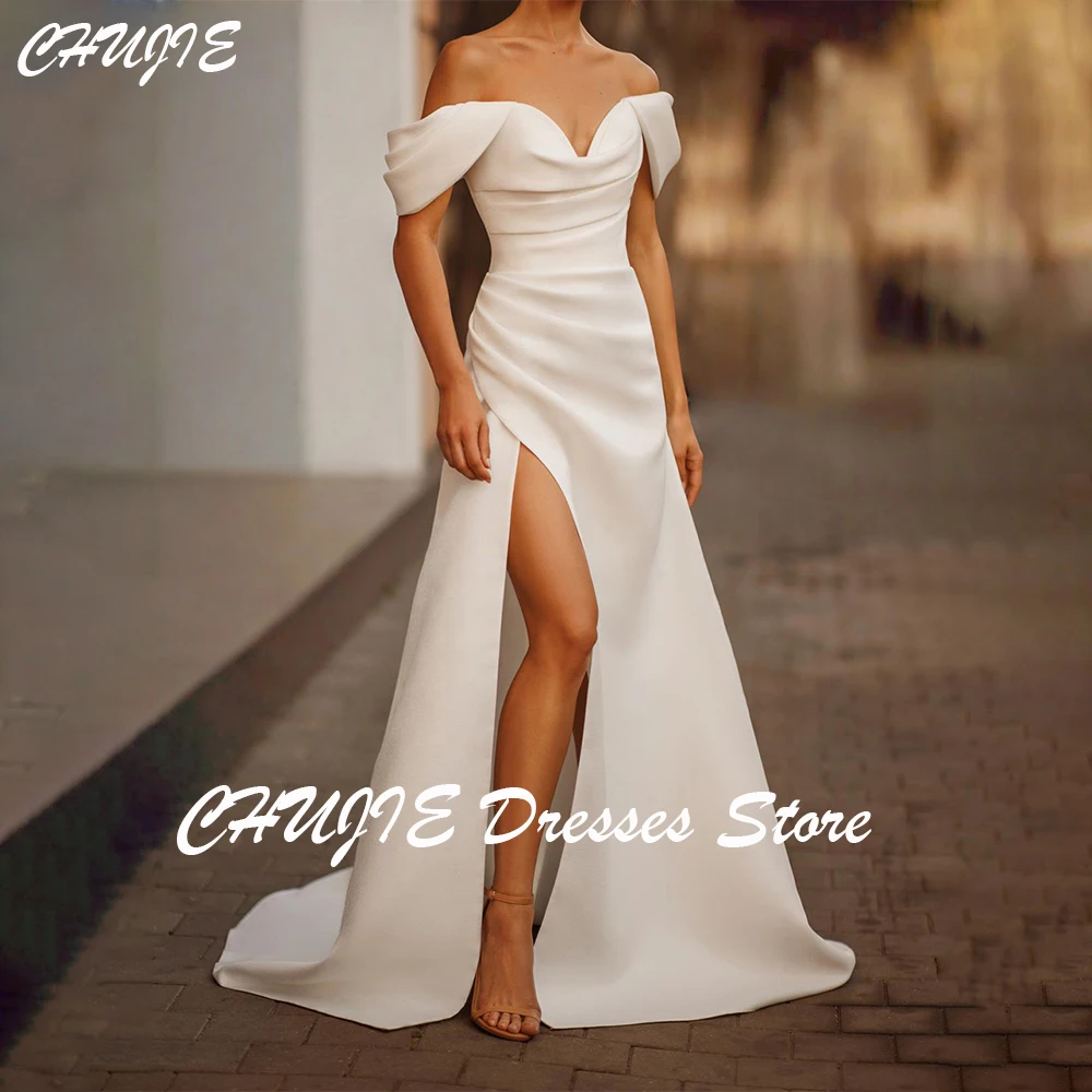 

Vintage White Satin Wedding Dresses With Train A Line Pleat Customized Plus Size Bridal Gowns With Side Slit Vestido de novia