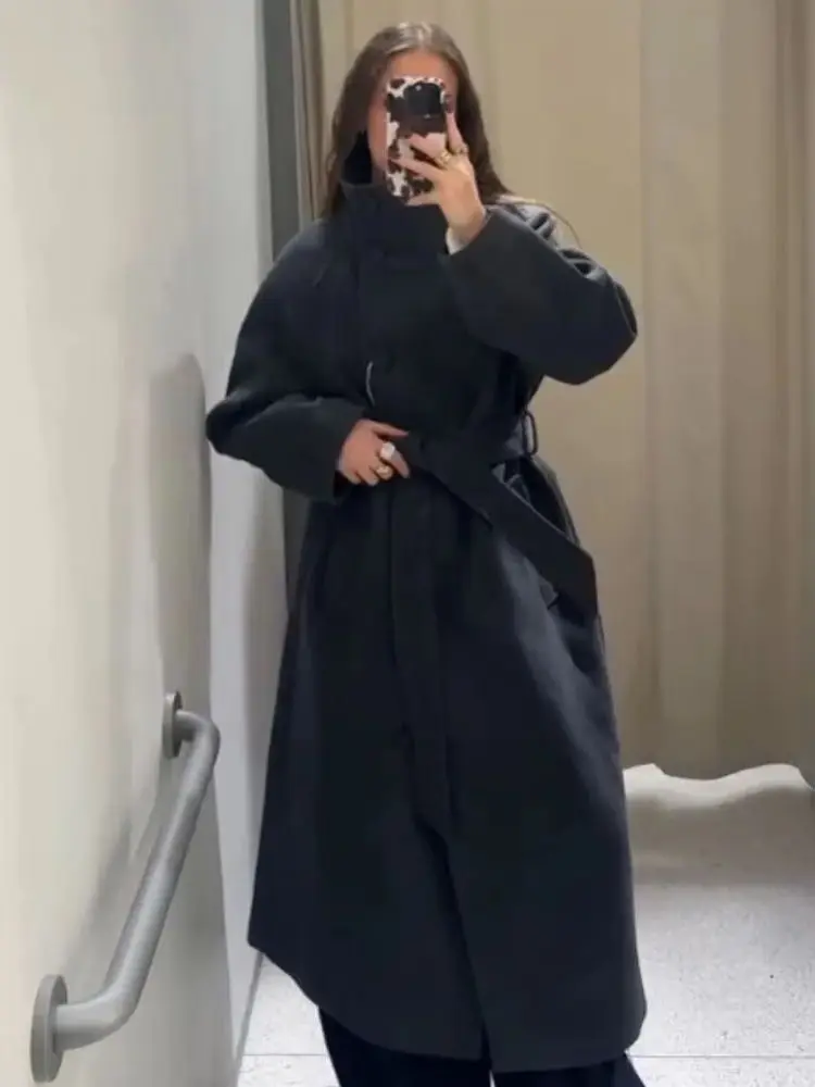 

HH Women Autumn Winter Long Round Neck Single Breasted Straight Into Pocket Belt H Type Belt Woolen Coat Leisure Long Coat