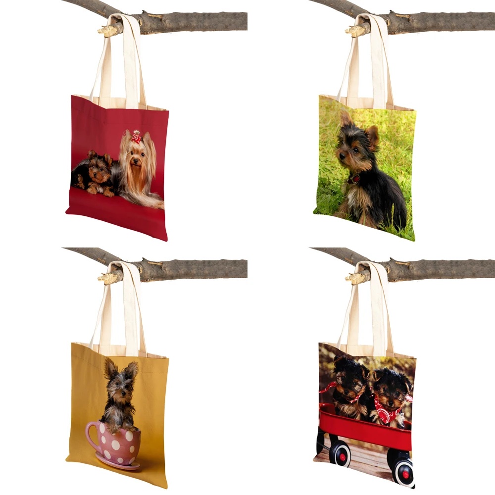 Fashion MINI Yorkshire Dog Canvas Student Lady Shopping Handbag Reusable Double Print Cute Pet Animal Casual Tote Bag for Women