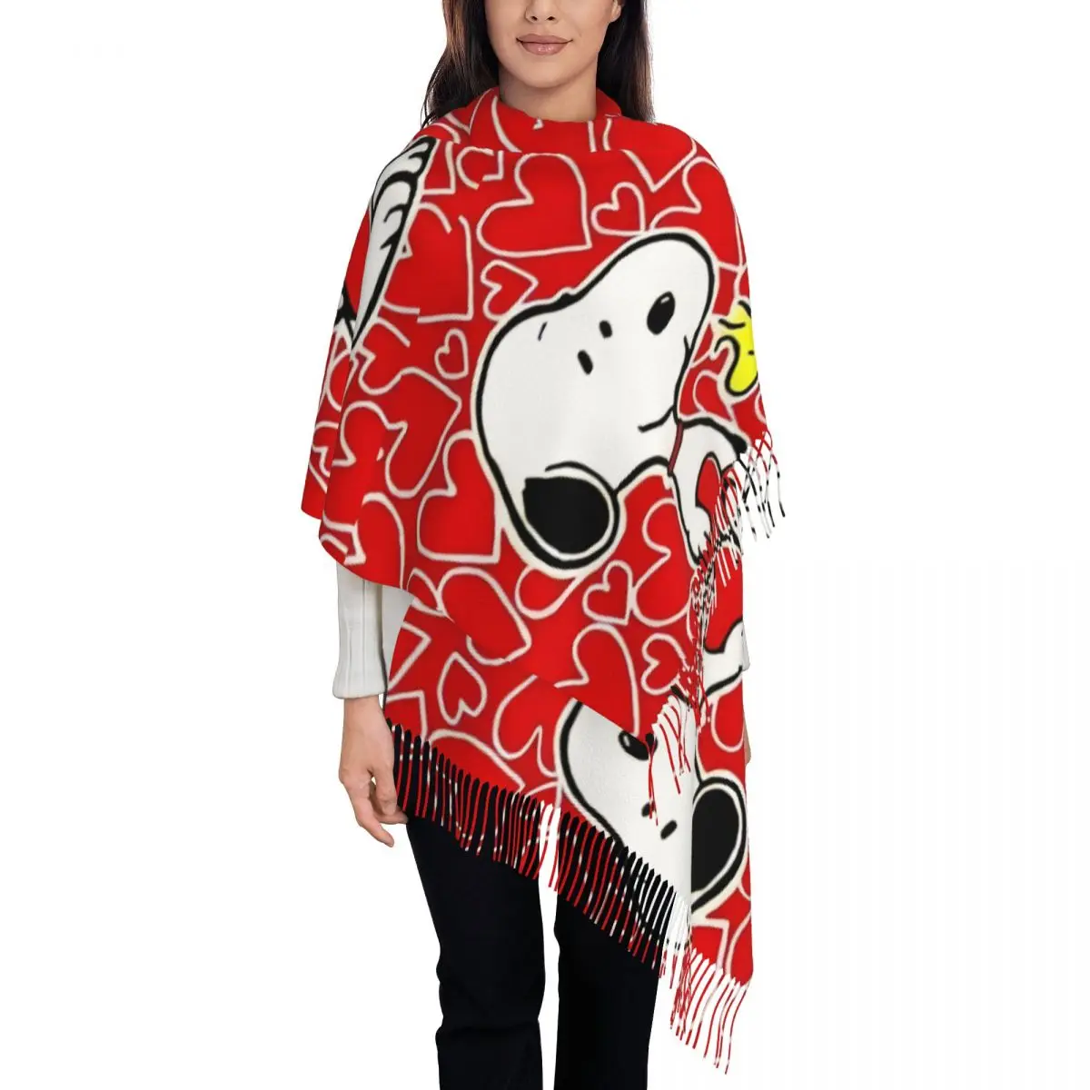 

Женские большие шарфы Snoopy Woodstock с рисунком бигля на заказ, женские зимне-осенние мягкие теплые шаль с кисточками, шарф