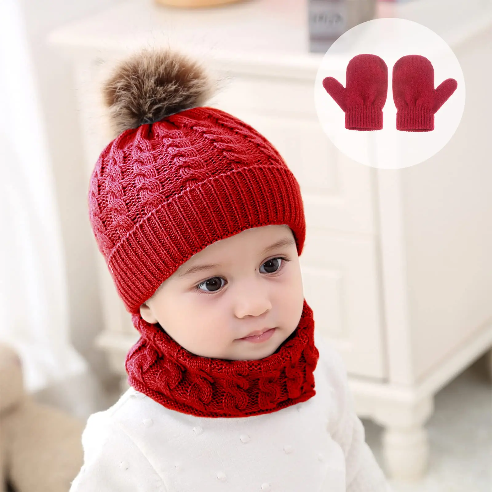 3pcs Baby Winter Hat Scarf Gloves Set Kids Knitted Beanie Cap Neck Warmer Mitten for Boys Girls 0-4Years