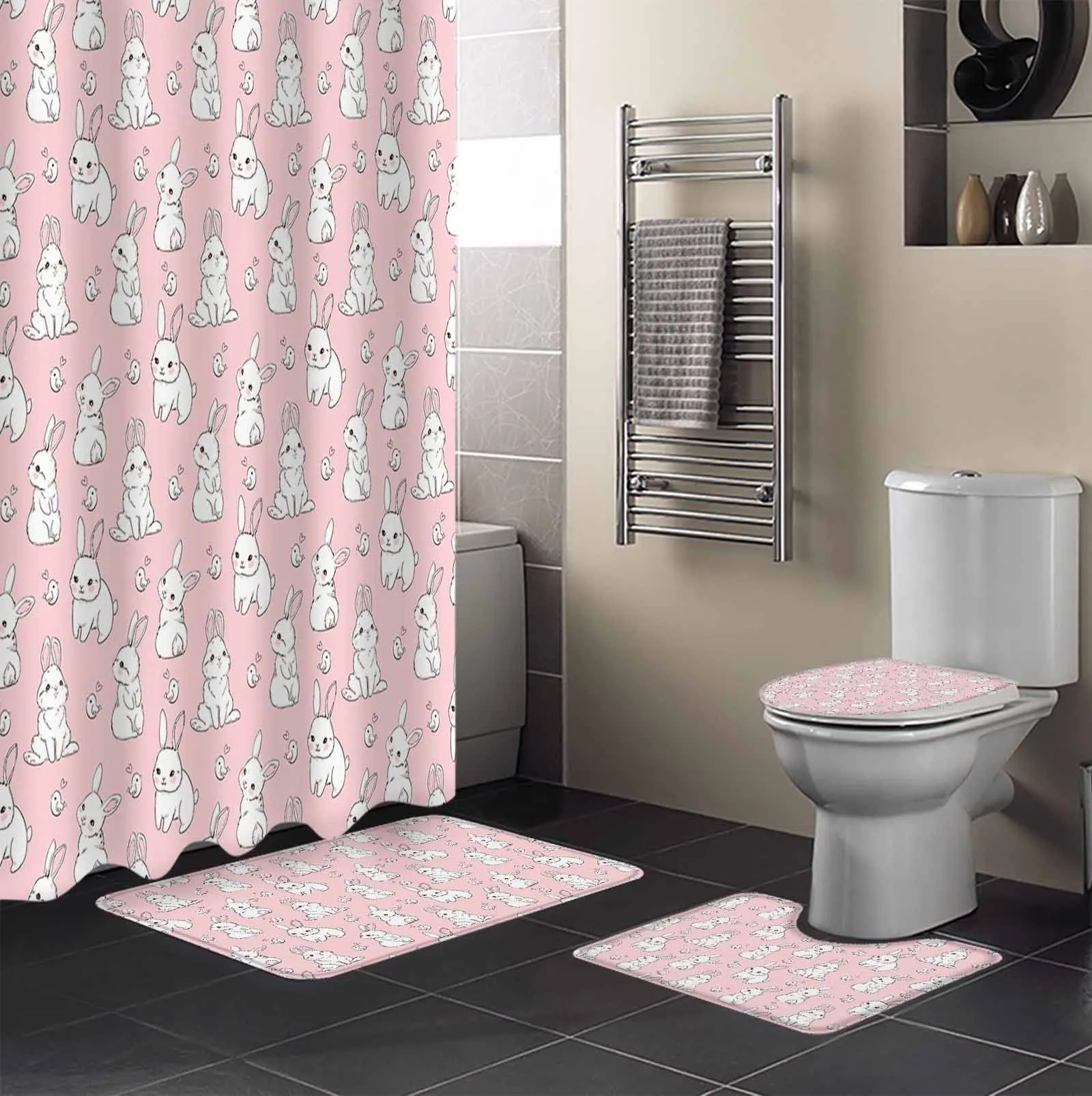 Pink Bunny Texture Shower Curtain Non-Slip Rugs Toilet Lid Cover and Bath Mat Bathroom Curtains with Hooks