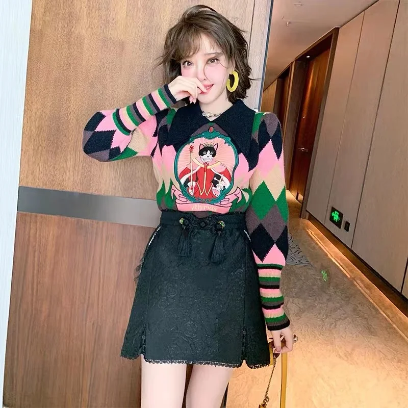 Plaid Knitted Women Sweater Tops Autumn Winter Vintage Cat Embroidery Patchwork Pullover Contrast Color Long Sleeve Jumpers 2022