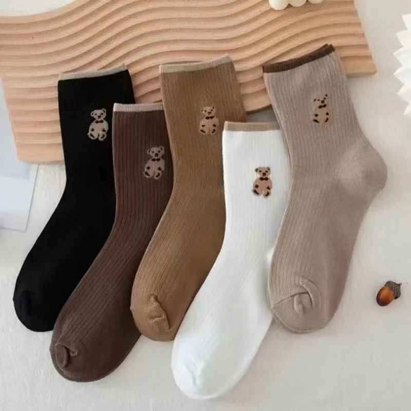 5pairs Cartoon Bear Socks Soft Cotton Socks Autumn Coffee Stockings Kawaii Women Socks Korean Casual Stockings Women Hosiery